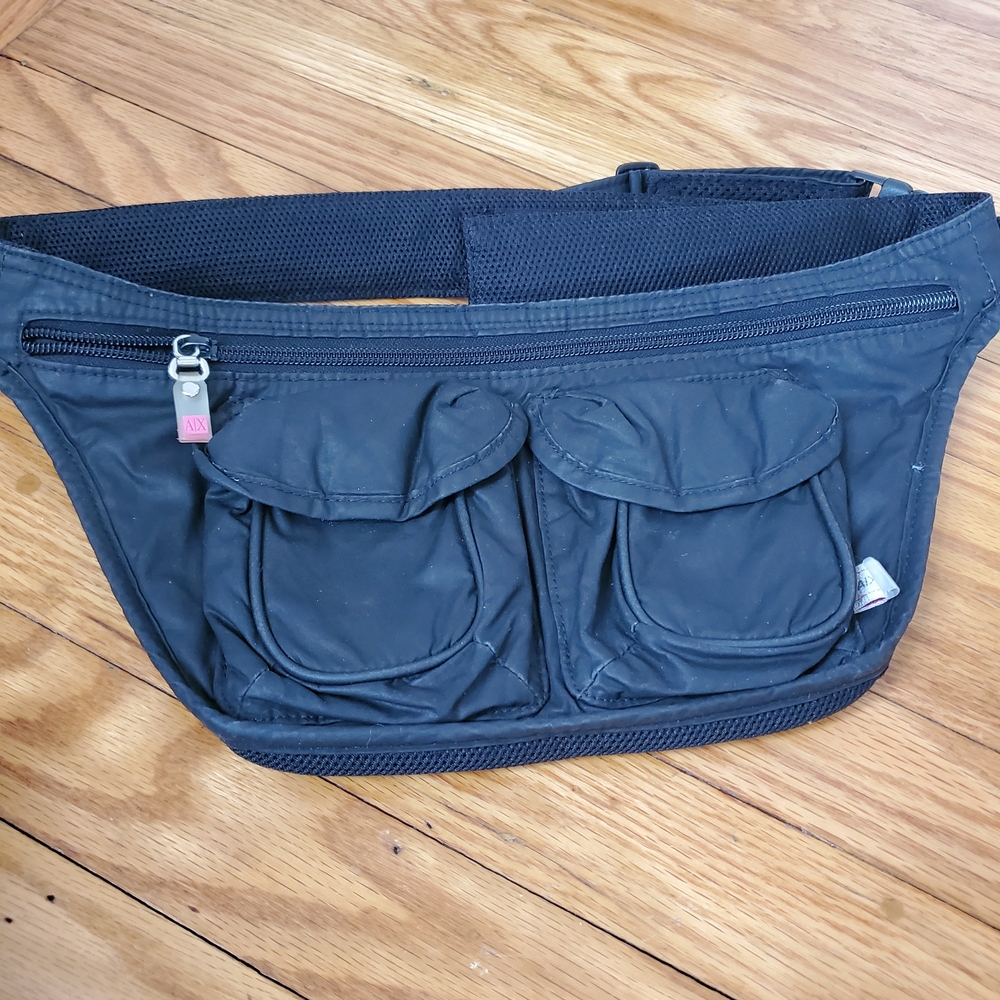 Armani Exchange Vintage Black Nylon Belt Bag with Dual Front Pockets